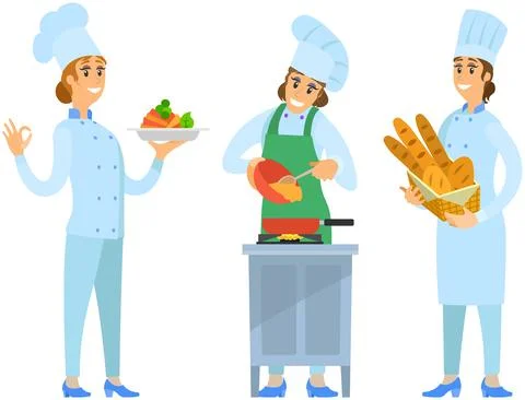 Set of chefs creating restaurant meal. People fry with pan, cut vegetables, add Stock Illustration