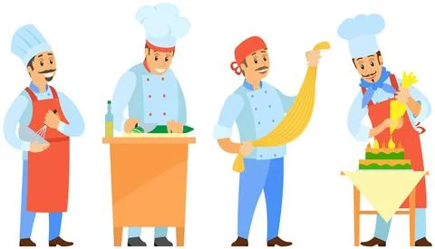 Set of chefs creating restaurant meal. People fry with pan, cut vegetables, add Illustrazione stock