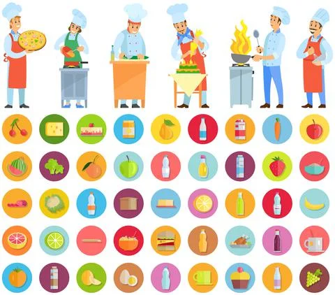 Set of chefs creating restaurant meal near food icons. People preparing Stock Illustration