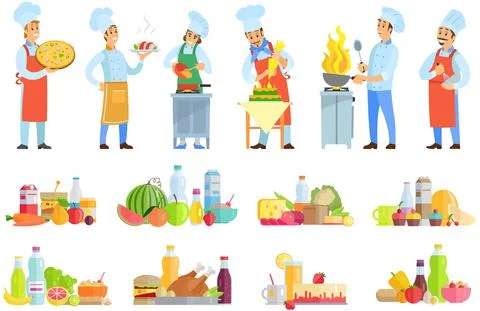 Set of chefs creating restaurant meal. People fry with pan, cut vegetables, add Stockillustratie