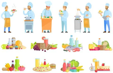 Set of chefs creating restaurant meal. People fry with pan, cut vegetables, add Stock Illustration