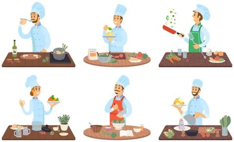 Set of chefs creating restaurant meal. People fry with pan, cut vegetables, add Illustrazione stock