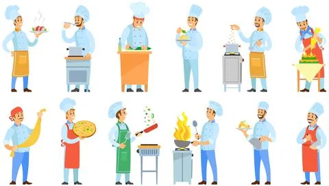 Set of chefs creating restaurant meal. People fry with pan, cut vegetables, add Illustrazione stock