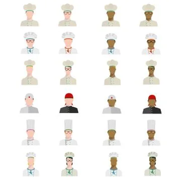 Set of chefs in different uniforms of different races in flat style. Stock Illustration
