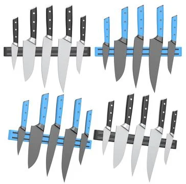 Set of chef's kitchen knives and kitchen utensil hanging on shelf Stock Illustration