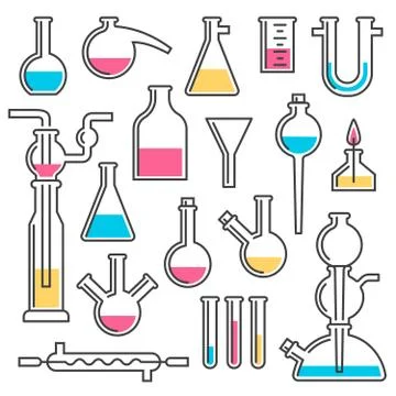 Set of chemical flasks made in styles Line icons Stock Illustration