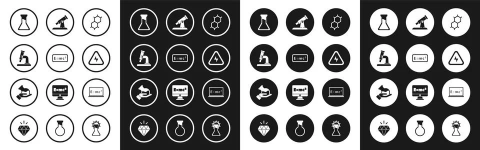 Set Chemical formula, Equation solution, Microscope, Test tube and flask, High Stock Illustration