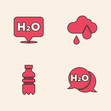 Set Chemical formula for H2O, , Cloud with rain and Bottle of water icon. Vector Ilustración de archivo