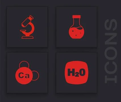 Set Chemical formula H2O, Microscope, Test tube and Mineral Ca Calcium icon.. イラスト素材