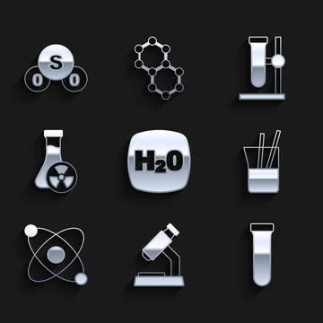 Set Chemical formula H2O, Microscope, Test tube, Laboratory glassware, Atom.. Illustrazione stock