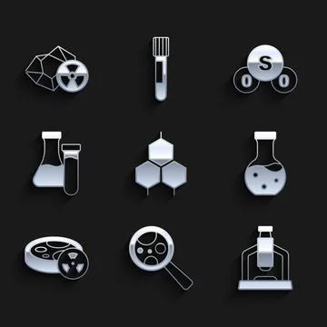 Set Chemical formula, Microorganisms under magnifier, Microscope, Test tube.. Stockillustratie