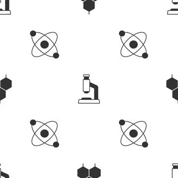 Set Chemical formula, Microscope and Atom on seamless pattern. Vector Stock Illustration