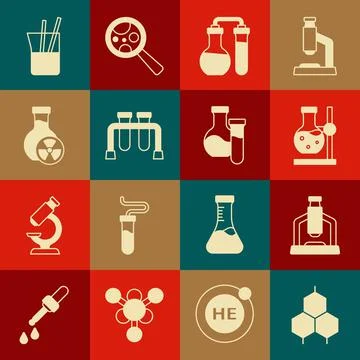 Set Chemical formula, Microscope, Test tube flask on stand, with toxic liquid Stockillustratie