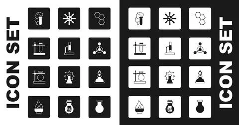 Set Chemical formula, Microscope, Test tube flask on stand, explosion, Molecule Stockillustratie