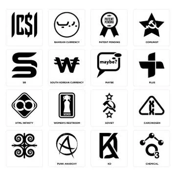Set of chemical, kd, , soviet, html infinity, maybe, sb, patent pending, icon Grats Stockgrafik