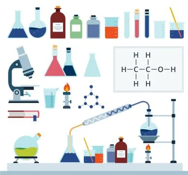 Set of Chemical Laboratory flat vector illustration. Stock Illustration