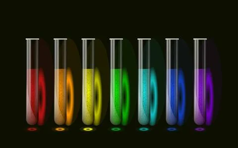 A set of chemical test tubes with multi-colored liquids on a black background 스톡 일러스트