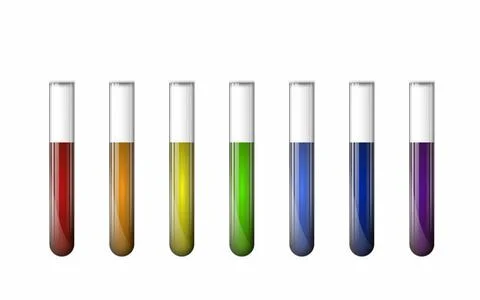A set of chemical test tubes with multi-colored liquids on a white background 스톡 일러스트