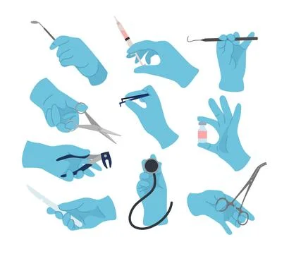 Set of Chemist or doctor hands in gloves hold lab beakers and flasks collec.. Stock-Illustration