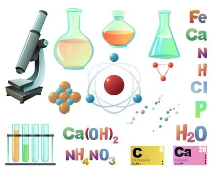 Set Chemistry objects. Study and production of mineral. Organic and inorgan.. Stock Illustration