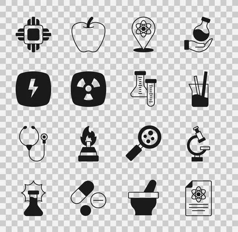 Set Chemistry report, Microscope, Laboratory glassware, Atom, Radioactive Illustrazione stock