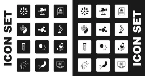 Set Chemistry report, Molecule, Atom, Virus, Microscope, Telescope, Test tube 스톡 일러스트