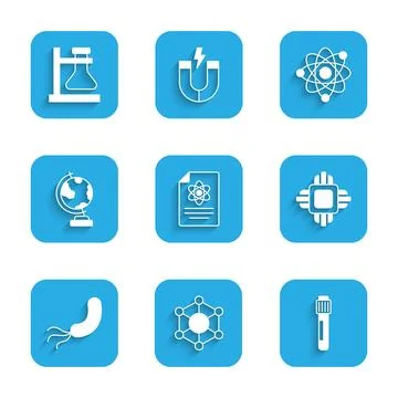 Set Chemistry report, Molecule, Test tube, Processor CPU, Bacteria, Earth g.. Illustrazione stock