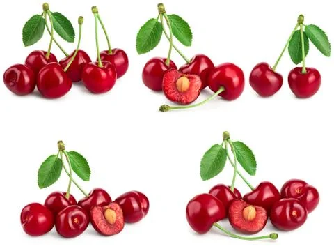 Set of cherries with leaf and cut closeup isolated on white background Foto stock