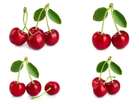 Set of cherries with leaf and cut closeup isolated on white background Foto stock
