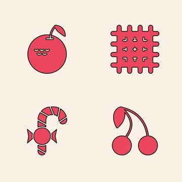 Set Cherry, Apple, Cracker biscuit and Christmas candy cane icon. Vector Stock Illustration