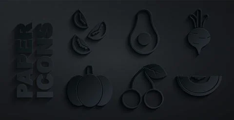 Set Cherry, Beet, Pumpkin, Melon fruit, Avocado and Tomato icon. Vector Stock Illustration