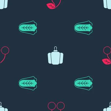 Set Cherry, Bell pepper and Cabbage on seamless pattern. Vector Stock Illustration