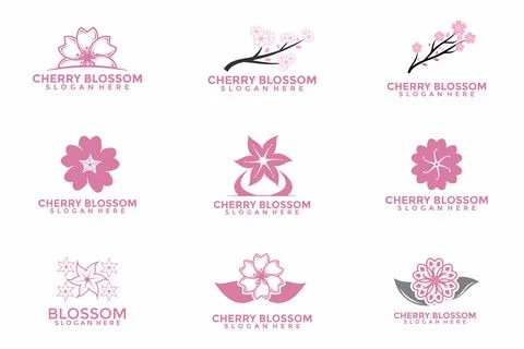 Set of cherry blossom logo design template, Japanese flower Sakura logo vec.. Stock Illustration