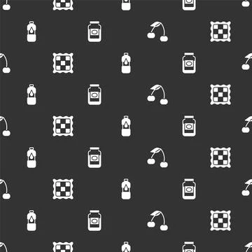 Set Cherry, Checkered napkin, Bottle of water and Jam jar on seamless patte.. Illustrazione stock