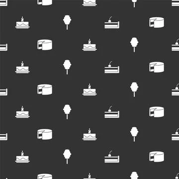 Set Cherry cheesecake, Cake, with burning candles and Cotton candy on seamless Illustrazione stock