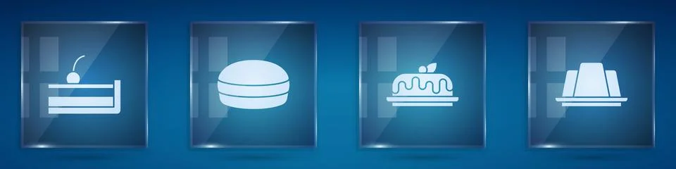 Set Cherry cheesecake, Macaron cookie, Cake and Jelly. Square glass panels Stock Illustration