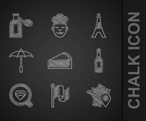 Set Cherry cheesecake slice, Flag France, Map of, Champagne bottle, Coffee cup Stock Illustration