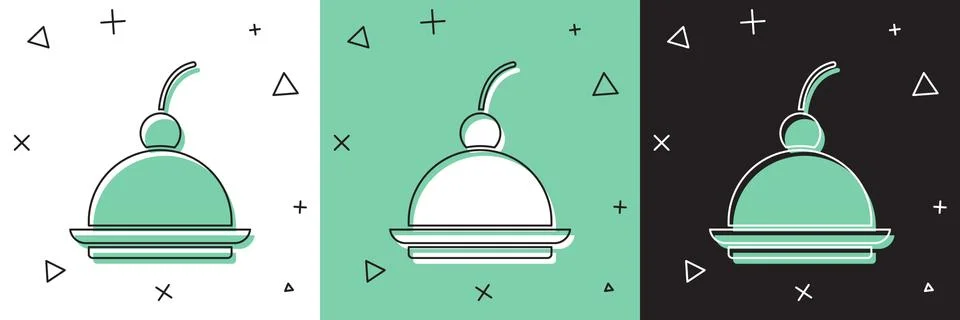 Set Cherry cheesecake slice with fruit topping icon isolated on white and green Stock Illustration