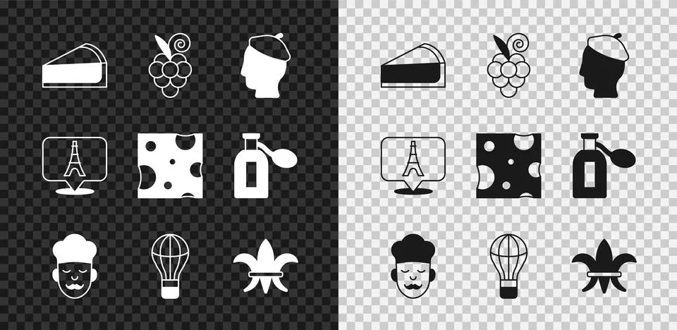 Set Cherry cheesecake slice, Grape fruit, French man, Cook, Hot air balloon Stock Illustration