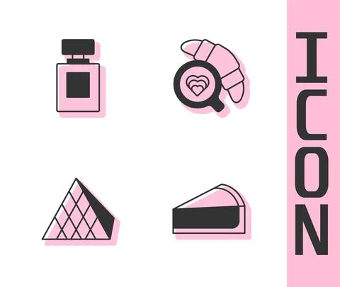 Set Cherry cheesecake slice, Perfume, Louvre glass pyramid and Coffee cup with Illustration