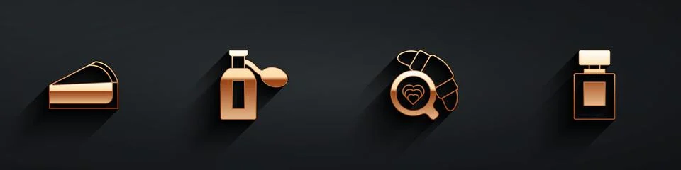 Set Cherry cheesecake slice, Perfume, Coffee cup with croissant and icon with Stock Illustration