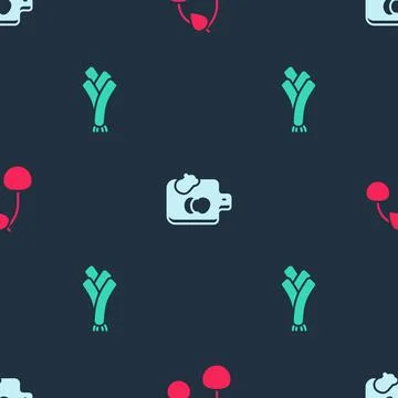 Set Cherry, Cutting board with vegetables and Leek on seamless pattern. Vector Stock Illustration