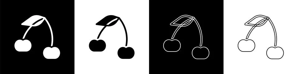 Set Cherry icon isolated on black and white background. Fruit with leaf sym.. Stock Illustration