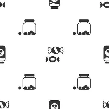 Set Cherry jam jar, Candy and Glass with candies inside on seamless pattern.  Stock Illustration