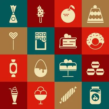 Set Cherry jam jar, Macaron cookie, Donut, Apple, Chocolate bar, Lollipop, Candy Stock Illustration