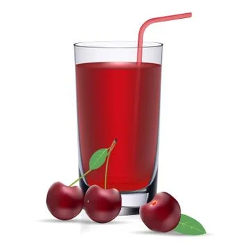 Set Of Cherry Juice And Fresh Ripe Berries Isolated On A White Background. Stock Illustration