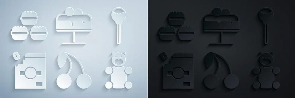 Set Cherry, Lollipop, Candy packaging for sweets, Jelly bear candy, Cake on Stock Illustration
