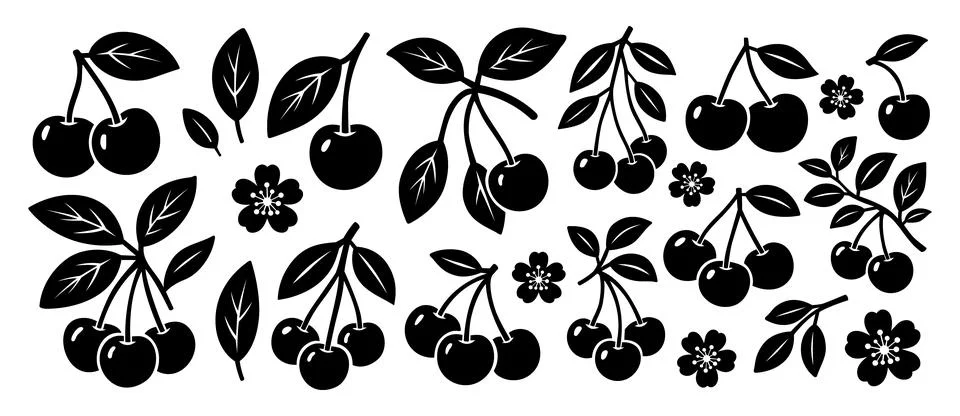 Set of cherry silhouettes. Minimal vector fruit and blossom collection for icons Stock Illustration