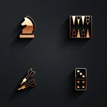Set Chess, Backgammon board, Dart arrow and Domino icon with long shadow. Vector Stock Illustration