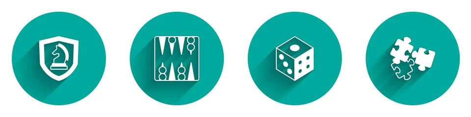 Set Chess, Backgammon board, Game dice and Puzzle pieces toy icon with long Stock Illustration